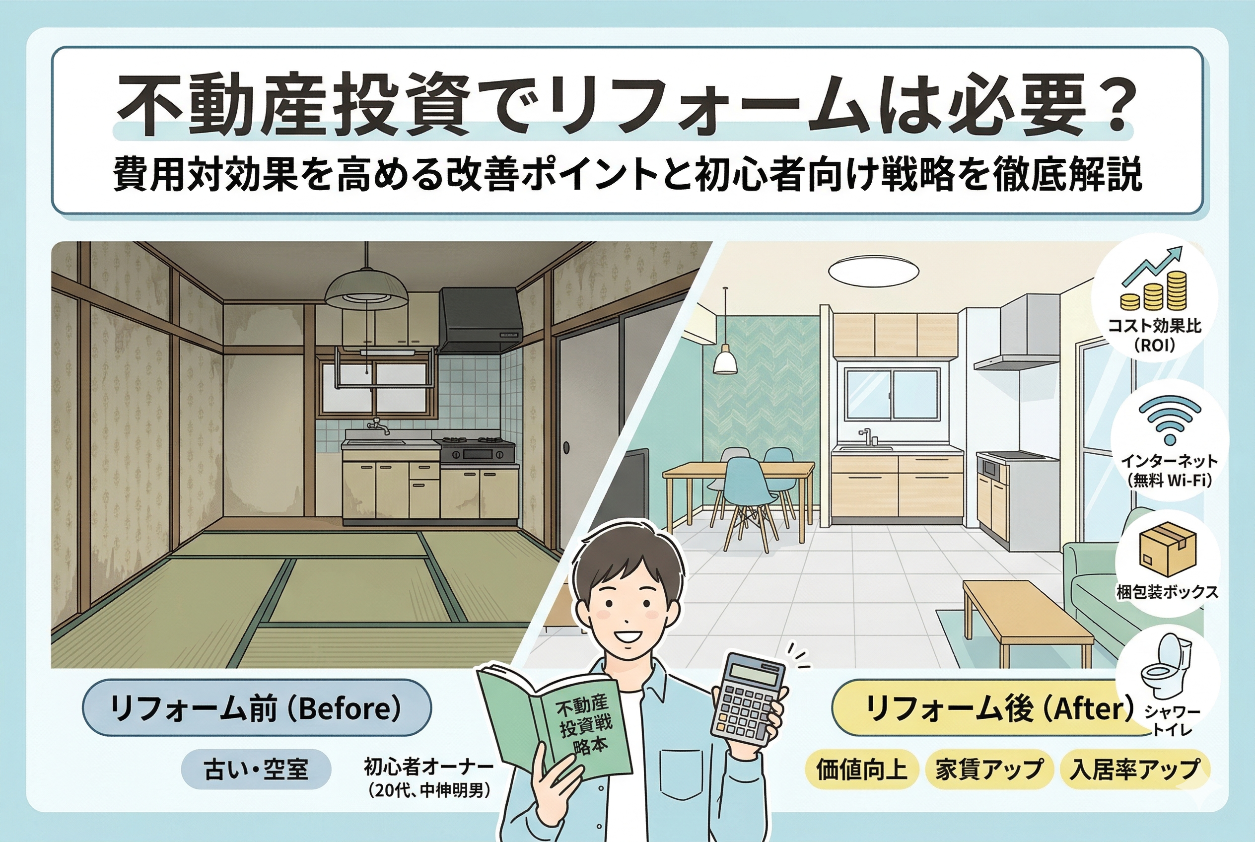 不動産投資におけるリフォームのビフォーアフターを比較したイラスト。左側には古びた和室の「リフォーム前」、右側には明るくモダンなキッチンとリビングの「リフォーム後」が描かれている。中央には計算機と本を持つ初心者オーナーが立ち、右側にはROI、無料Wi-Fi、宅配ボックス、シャワートイレなどの価値向上ポイントを示すアイコンが並んでいる。