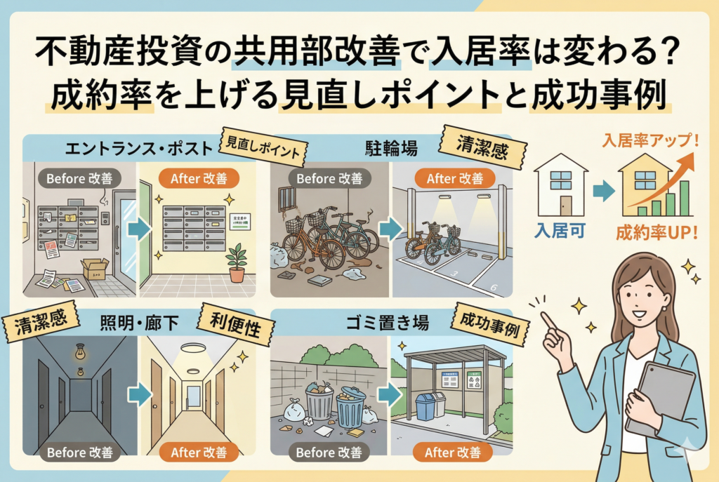 賃貸物件の共用部改善によるBefore・After(ビフォーアフター)を比較したイラスト。エントランス・ポスト、駐輪場、照明・廊下、ゴミ置き場の4箇所について、改善前(散乱、暗い、汚い)と改善後(整理、明るい、清潔)の違いを視覚的に解説しています。右側には女性オーナーのイラストとともに、家のアートワークが空室(青)から満室(オレンジ・グラフ上昇)へ変化し「入居率アップ!成約率UP!」と記載されています。上部には記事タイトル「不動産投資の共用部改善で入居率は変わる?成約率を上げる見直しポイントと成功事例」が大きく配置されています。