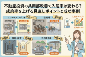 賃貸物件の共用部改善によるBefore・After（ビフォーアフター）を比較したイラスト。エントランス・ポスト、駐輪場、照明・廊下、ゴミ置き場の4箇所について、改善前（散乱、暗い、汚い）と改善後（整理、明るい、清潔）の違いを視覚的に解説しています。右側には女性オーナーのイラストとともに、家のアートワークが空室（青）から満室（オレンジ・グラフ上昇）へ変化し「入居率アップ！成約率UP！」と記載されています。上部には記事タイトル「不動産投資の共用部改善で入居率は変わる？成約率を上げる見直しポイントと成功事例」が大きく配置されています。