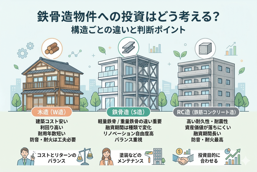 不動産投資における「鉄骨造物件への投資はどう考える?」という記事のアイキャッチ画像。左から木造、鉄骨造(S造)、RC造(鉄筋コンクリート造)の3つのアパート・マンションのイラストが並び、それぞれの特徴(コスト、利回り、耐用年数、防音・耐火)を日本語で比較。鉄骨造については、軽量鉄骨と重量鉄骨の違いや融資期間についても触れている。下部には「コストとリターンのバランス」「塗装などのメンテナンス」「投資目的に合わせる」という判断ポイントとイラストが描かれている。