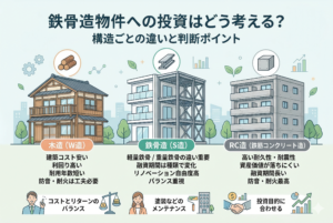 不動産投資における「鉄骨造物件への投資はどう考える？」という記事のアイキャッチ画像。左から木造、鉄骨造（S造）、RC造（鉄筋コンクリート造）の3つのアパート・マンションのイラストが並び、それぞれの特徴（コスト、利回り、耐用年数、防音・耐火）を日本語で比較。鉄骨造については、軽量鉄骨と重量鉄骨の違いや融資期間についても触れている。下部には「コストとリターンのバランス」「塗装などのメンテナンス」「投資目的に合わせる」という判断ポイントとイラストが描かれている。