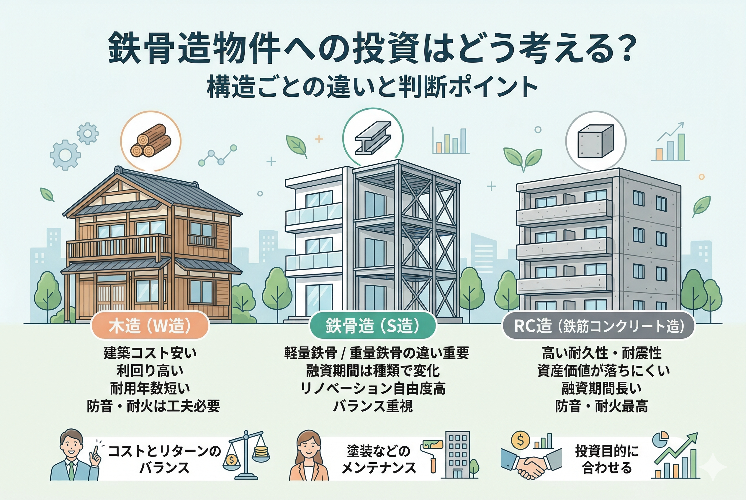 不動産投資における「鉄骨造物件への投資はどう考える？」という記事のアイキャッチ画像。左から木造、鉄骨造（S造）、RC造（鉄筋コンクリート造）の3つのアパート・マンションのイラストが並び、それぞれの特徴（コスト、利回り、耐用年数、防音・耐火）を日本語で比較。鉄骨造については、軽量鉄骨と重量鉄骨の違いや融資期間についても触れている。下部には「コストとリターンのバランス」「塗装などのメンテナンス」「投資目的に合わせる」という判断ポイントとイラストが描かれている。