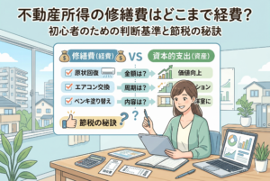 「不動産所得の修繕費はどこまで経費？初心者のための判断基準と節税の秘訣」というタイトルのアイキャッチ画像。明るい部屋のデスクで女性がタブレットやノートパソコンを見ている。中央の情報図では、「修繕費(経費)」と「資本的支出(資産)」の違いを、金額・周期・内容の判断基準で比較している。修繕費には原状回復、エアコン交換、ペンキ塗り替えが、資本的支出には価値向上、リノベーション、和室を洋室にが例示されている。デスクには領収書、電卓、グラフが表示されたPCがある。
