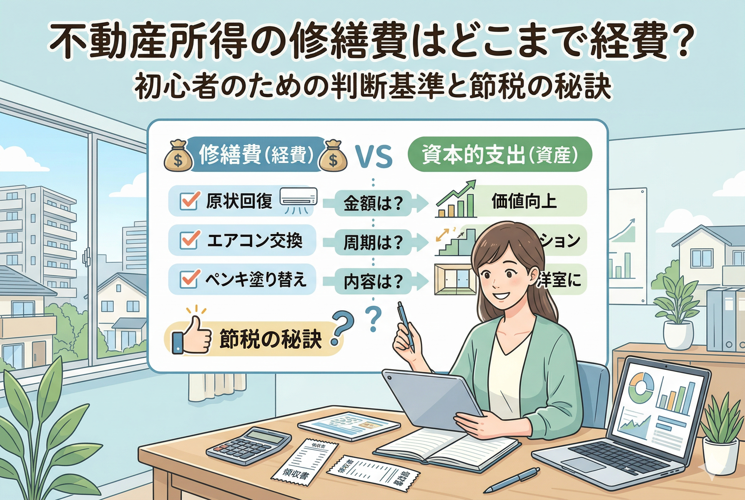 「不動産所得の修繕費はどこまで経費？初心者のための判断基準と節税の秘訣」というタイトルのアイキャッチ画像。明るい部屋のデスクで女性がタブレットやノートパソコンを見ている。中央の情報図では、「修繕費(経費)」と「資本的支出(資産)」の違いを、金額・周期・内容の判断基準で比較している。修繕費には原状回復、エアコン交換、ペンキ塗り替えが、資本的支出には価値向上、リノベーション、和室を洋室にが例示されている。デスクには領収書、電卓、グラフが表示されたPCがある。