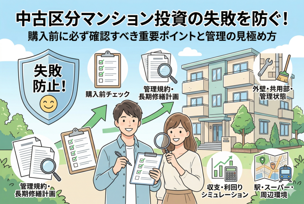 中古区分マンション投資の失敗を防ぐためのポイントを解説するイラスト。笑顔の男女の投資家がチェックリストや虫眼鏡を使い、『購入前チェック』『管理規約・長期修繕計画』『収支・利回りシミュレーション』『駅・スーパー・周辺環境』『外壁・共用部・管理状態』といった重要項目を熱心に確認している。左上には『失敗防止!』と書かれた盾が置かれている。