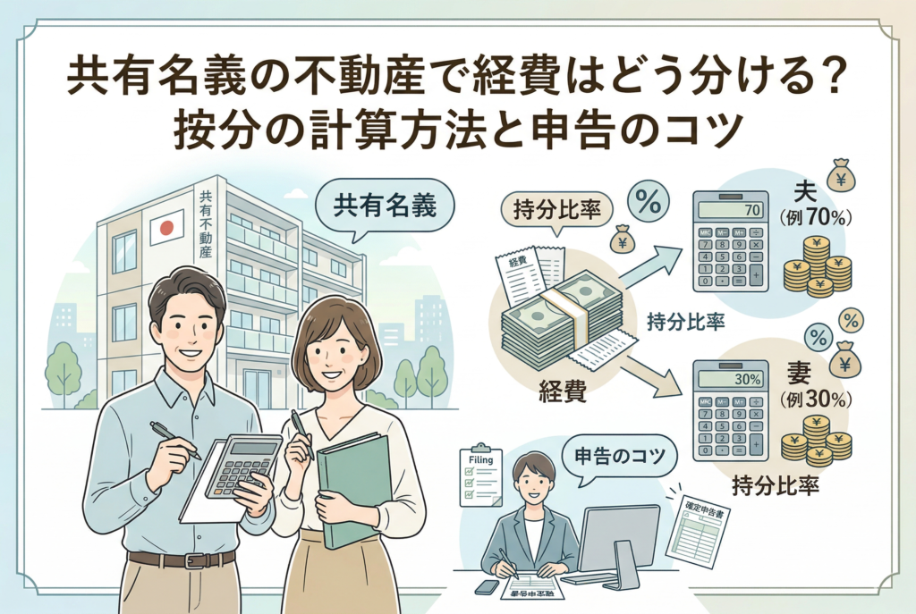 共有名義の不動産投資における経費按分の仕組みを解説するインフォグラフィック。アパートの前で夫婦が電卓と資料を持ち、中央では「経費」が登記上の「持分比率」に応じて「夫70%」「妻30%」のように分割される様子が描かれています。下部には確定申告を行う専門家のイラストと、「共有名義の不動産で経費はどう分ける?按分の計算方法と申告のコツ」というタイトルが入っています。