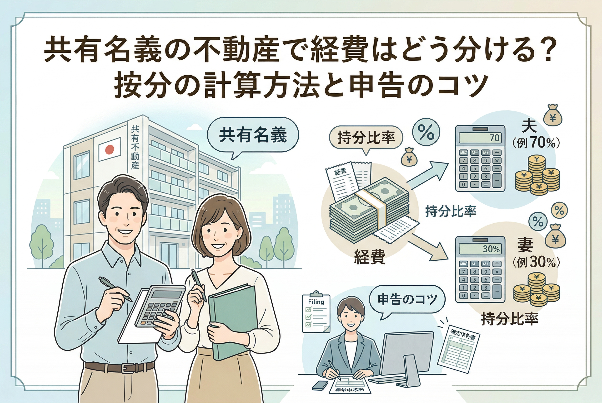 共有名義の不動産投資における経費按分の仕組みを解説するインフォグラフィック。アパートの前で夫婦が電卓と資料を持ち、中央では「経費」が登記上の「持分比率」に応じて「夫70%」「妻30%」のように分割される様子が描かれています。下部には確定申告を行う専門家のイラストと、「共有名義の不動産で経費はどう分ける？按分の計算方法と申告のコツ」というタイトルが入っています。