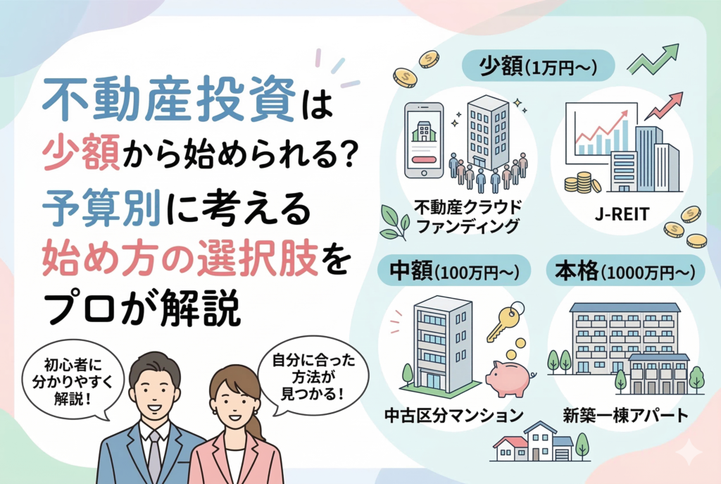 予算別の不動産投資の選択肢を分かりやすく図解したイラスト。少額から始められるクラウドファンディングやJ-REIT、本格的な一棟アパート経営までをプロが解説しているイメージ。