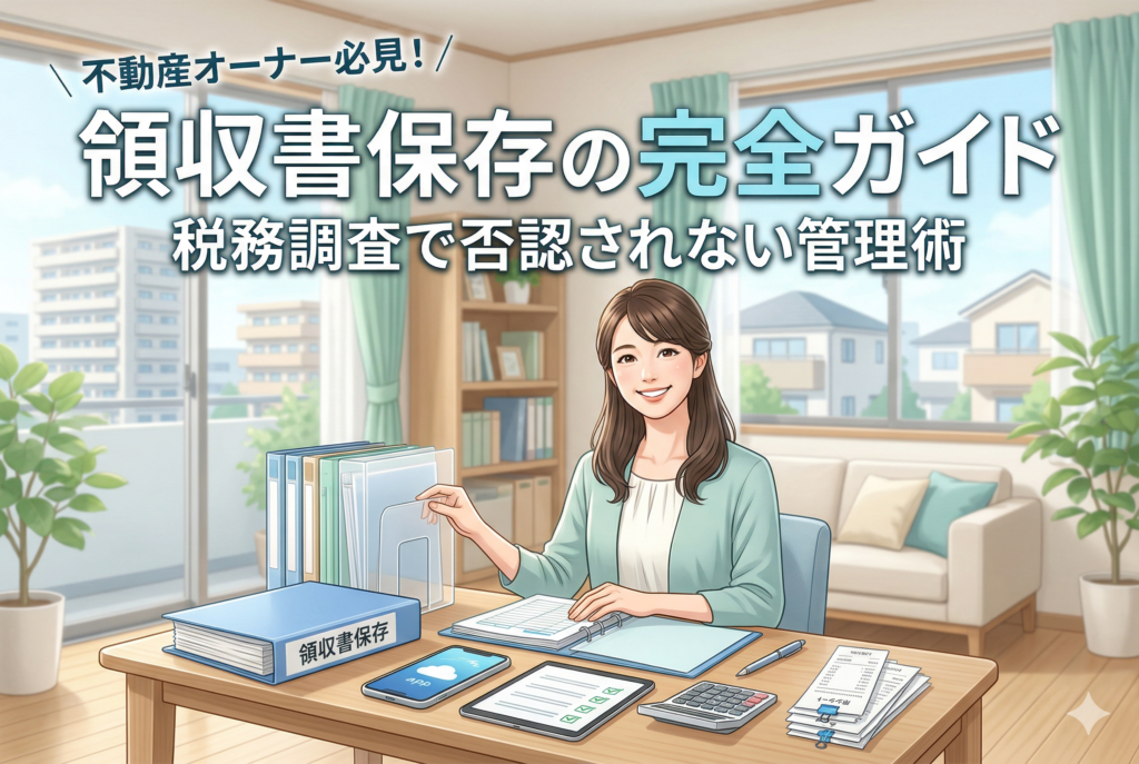 明るいオフィスで机に向かう女性不動産オーナーと、整理された「領収書保存」バインダーやスマートフォン、レシート。上部には「不動産オーナー必見!領収書保存の完全ガイド|税務調査で否認されない管理術」の見出しテキスト。