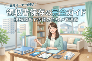明るいオフィスで机に向かう女性不動産オーナーと、整理された「領収書保存」バインダーやスマートフォン、レシート。上部には「不動産オーナー必見！領収書保存の完全ガイド｜税務調査で否認されない管理術」の見出しテキスト。