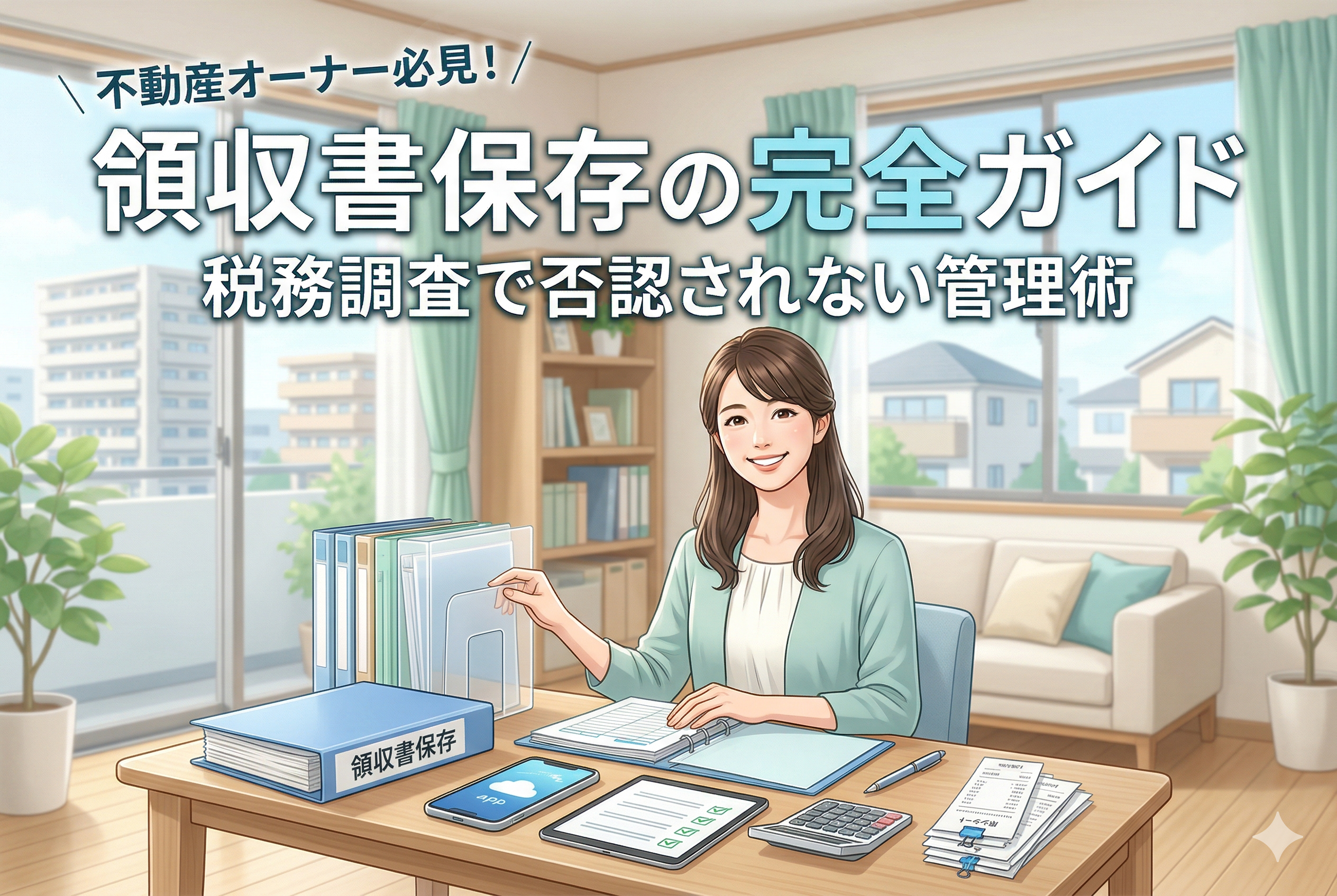 明るいオフィスで机に向かう女性不動産オーナーと、整理された「領収書保存」バインダーやスマートフォン、レシート。上部には「不動産オーナー必見!領収書保存の完全ガイド|税務調査で否認されない管理術」の見出しテキスト。