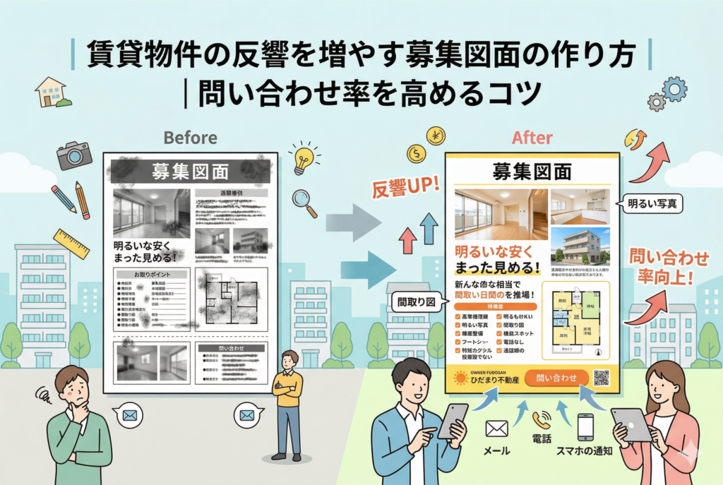 「賃貸物件の反響を増やす募集図面の作り方|問い合わせ率を高めるコツ」というタイトルの下、Before(現状)とAfter(改善後)の募集図面を比較したイラスト。Beforeは暗い写真と見づらいレイアウトの白黒募集図面で、渋い顔の男性がスマートフォンを操作している。Afterは明るい写真と見やすい間取り図を使い、カラーでデザインされた募集図面で、「反響UP!」と「問い合わせ率向上!」の文字とともに、笑顔の男女がスマートフォンやタブレットから問い合わせる様子が描かれている。メール、電話、スマホの通知による多様な問い合わせ方法のアイコンもある。親しみやすいテイストで、薄い色を基調とした清潔感のあるデザイン。