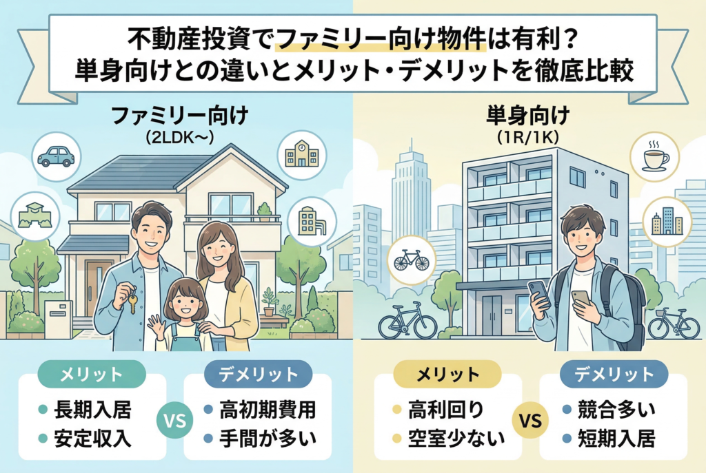 不動産投資におけるファミリー向けと単身向け物件のメリット・デメリットを比較するイラスト。左側には一戸建てと幸せそうな家族、長期入居・安定収入のメリットと、高初期費用・手間が多いデメリット。右側にはマンションとスマートフォンを持つ男性、高利回り・空室少ないメリットと、競合多い・短期入居のデメリットが記載されている。中央には「VS」の文字があり、それぞれの特徴が対比されている。