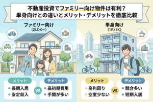 不動産投資におけるファミリー向けと単身向け物件のメリット・デメリットを比較するイラスト。左側には一戸建てと幸せそうな家族、長期入居・安定収入のメリットと、高初期費用・手間が多いデメリット。右側にはマンションとスマートフォンを持つ男性、高利回り・空室少ないメリットと、競合多い・短期入居のデメリットが記載されている。中央には「VS」の文字があり、それぞれの特徴が対比されている。