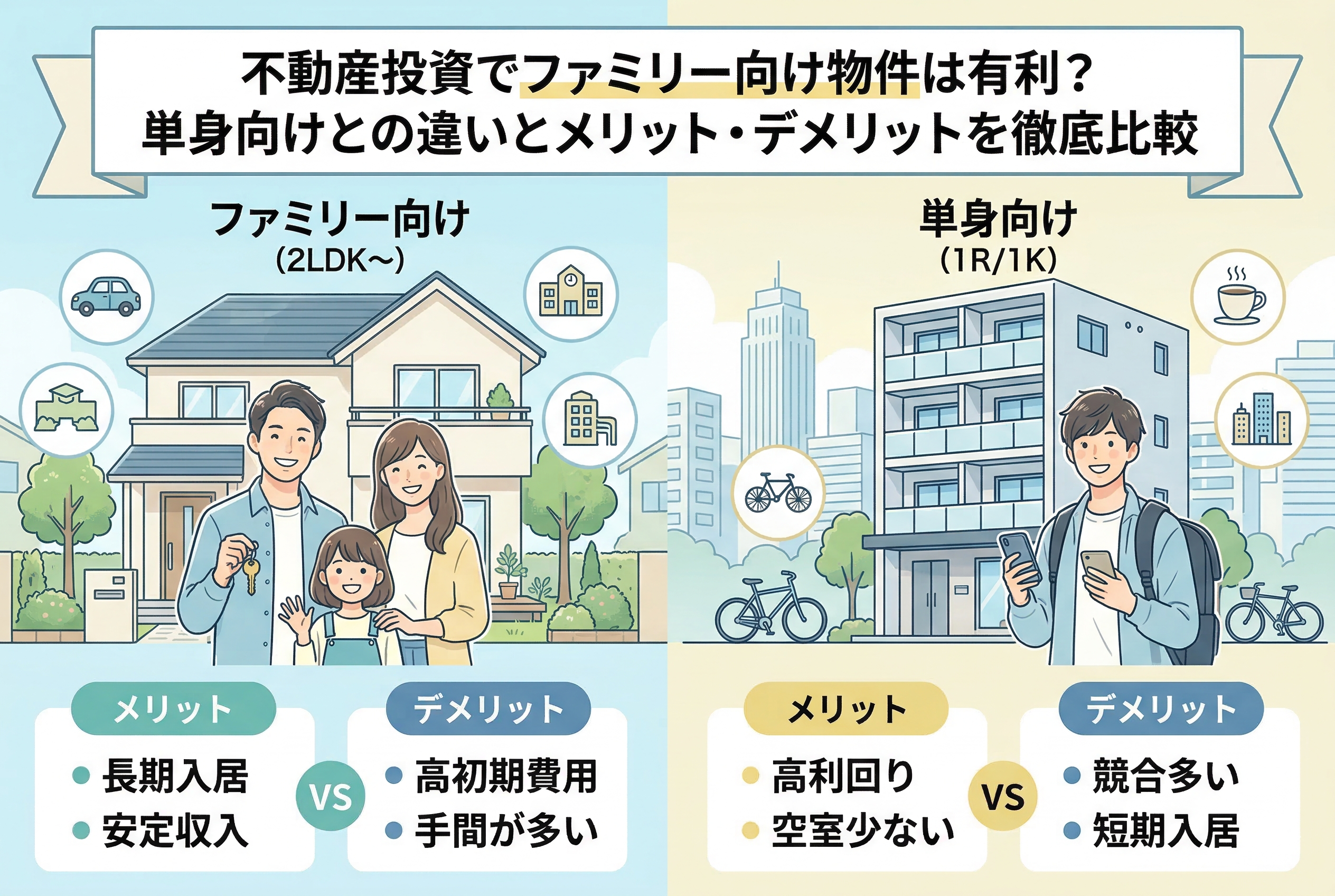 不動産投資におけるファミリー向けと単身向け物件のメリット・デメリットを比較するイラスト。左側には一戸建てと幸せそうな家族、長期入居・安定収入のメリットと、高初期費用・手間が多いデメリット。右側にはマンションとスマートフォンを持つ男性、高利回り・空室少ないメリットと、競合多い・短期入居のデメリットが記載されている。中央には「VS」の文字があり、それぞれの特徴が対比されている。