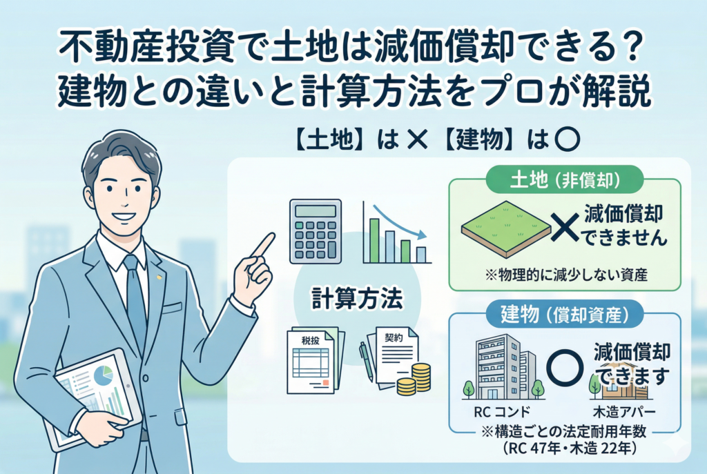 不動産投資における土地と建物の減価償却の違いを比較・解説するアイキャッチ画像。ビジネスマンのイラストと共に、「土地は減価償却できない」「建物はできる」という結論や、構造別の耐用年数、計算方法のポイントが視覚的にまとめられています。