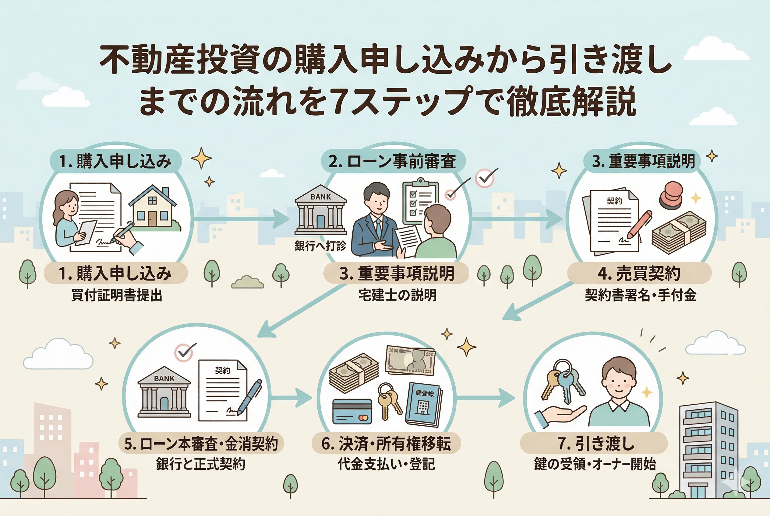不動産投資の購入申し込みから引き渡しまでの7ステップを解説したインフォグラフィック。1.購入申し込み（買付証明書提出）、2.ローン事前審査（銀行へ打診）、3.重要事項説明（宅建士の説明）、4.売買契約（契約署名・手付金）、5.ローン本審査・金消契約（銀行と正式契約）、6.決済・所有権移転（代金支払い・登記）、7.引き渡し（鍵の受領・オーナー開始）の全工程が、アイコンとテキストで矢印に沿ってわかりやすく図解されている。