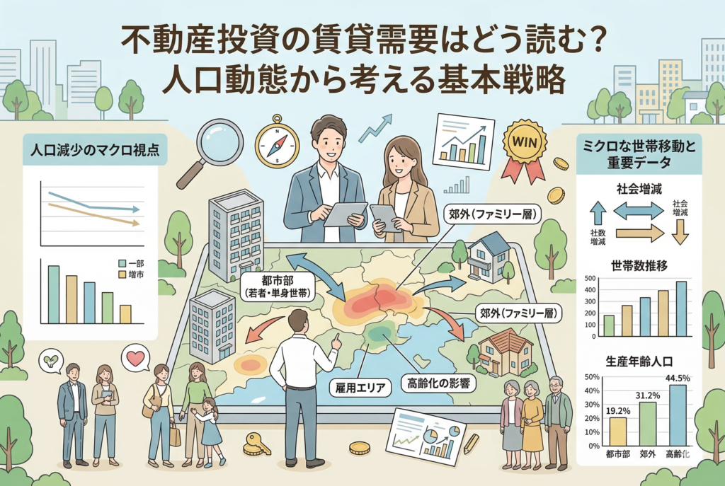 不動産投資の賃貸需要を読み解くための「人口動態分析」をテーマにしたインフォグラフィック。中央の地図を囲むように、人口減少のマクロなグラフや、社会増減・世帯数推移・生産年齢人口といったミクロな重要データが図解されている。タブレットでデータを分析する男女の投資家や、都市部・郊外・雇用エリアへの人の流れが視覚的に表現された、清潔感のあるデザイン。