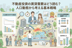不動産投資の賃貸需要を読み解くための「人口動態分析」をテーマにしたインフォグラフィック。中央の地図を囲むように、人口減少のマクロなグラフや、社会増減・世帯数推移・生産年齢人口といったミクロな重要データが図解されている。タブレットでデータを分析する男女の投資家や、都市部・郊外・雇用エリアへの人の流れが視覚的に表現された、清潔感のあるデザイン。