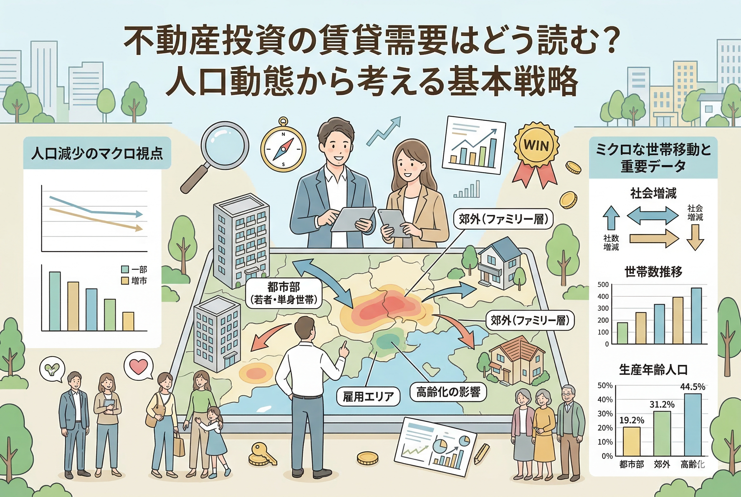 不動産投資の賃貸需要を読み解くための「人口動態分析」をテーマにしたインフォグラフィック。中央の地図を囲むように、人口減少のマクロなグラフや、社会増減・世帯数推移・生産年齢人口といったミクロな重要データが図解されている。タブレットでデータを分析する男女の投資家や、都市部・郊外・雇用エリアへの人の流れが視覚的に表現された、清潔感のあるデザイン。
