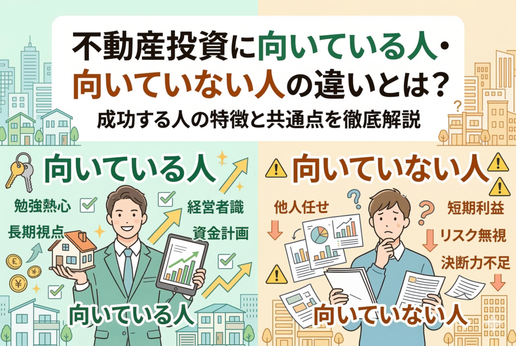 不動産投資に向いている人と向いていない人の特徴を左右で比較したイラスト。「勉強熱心」「長期視点」を持つ成功イメージの人と、「他人任せ」「短期利益」に走る失敗イメージの人が対比されており、中央に記事タイトルが記載された視認性の高いデザイン。