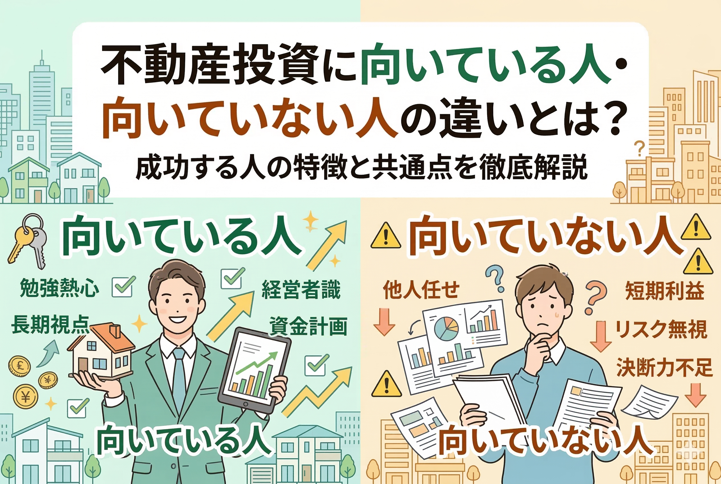 不動産投資に向いている人と向いていない人の特徴を左右で比較したイラスト。「勉強熱心」「長期視点」を持つ成功イメージの人と、「他人任せ」「短期利益」に走る失敗イメージの人が対比されており、中央に記事タイトルが記載された視認性の高いデザイン。