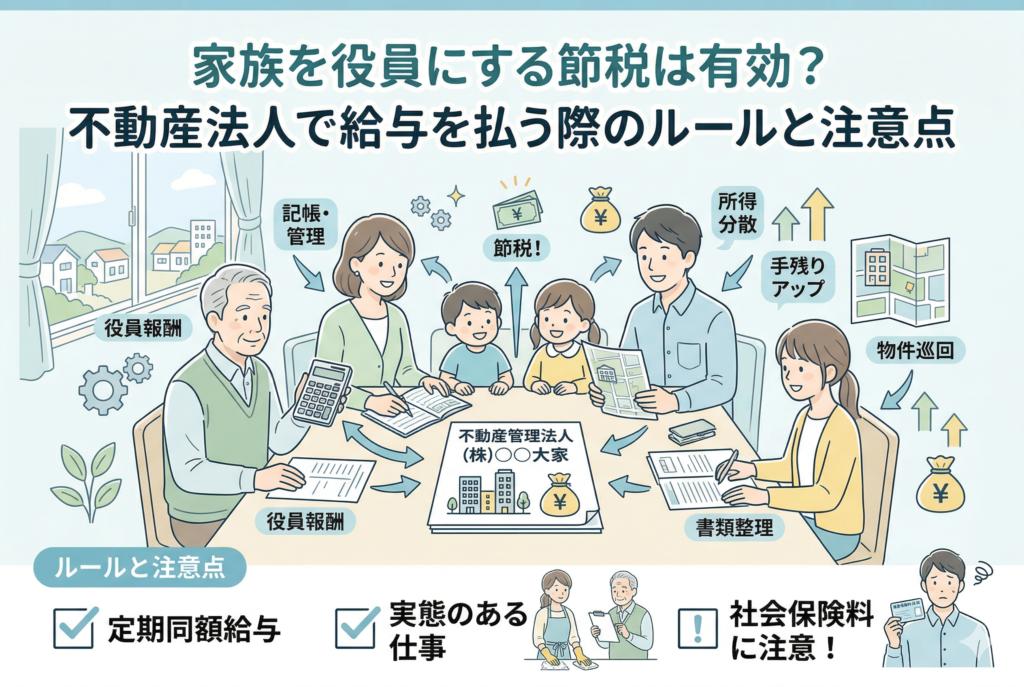 不動産投資の法人化で家族を役員にする節税スキームを図解したイラスト。家族が記帳や物件巡回などの実務を分担し、所得分散によって手残り現金を増やすイメージ。下部には定期同額給与、実態のある仕事、社会保険料への注意喚起といった重要ルールがチェックリスト形式で記載されています。