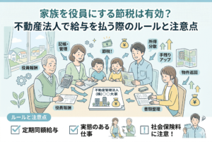 不動産投資の法人化で家族を役員にする節税スキームを図解したイラスト。家族が記帳や物件巡回などの実務を分担し、所得分散によって手残り現金を増やすイメージ。下部には定期同額給与、実態のある仕事、社会保険料への注意喚起といった重要ルールがチェックリスト形式で記載されています。