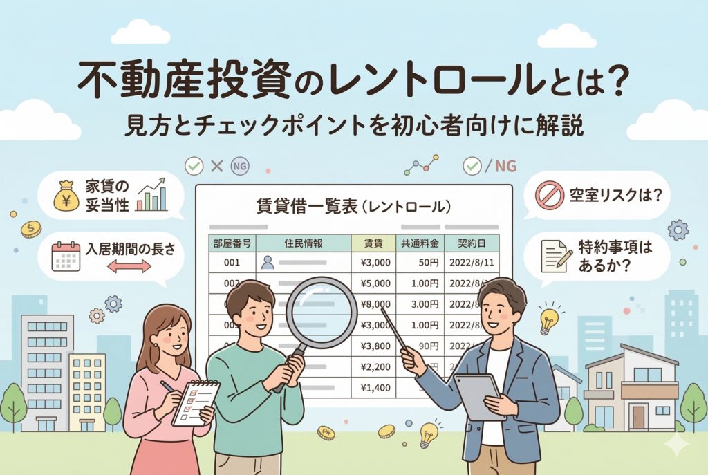 不動産投資のレントロール（賃貸借一覧表）を虫眼鏡で精査する投資家とプロのアドバイザーのイラスト。家賃の妥当性、入居期間の長さ、空室リスク、特約事項の有無といった、レントロールの見方とチェックポイントが分かりやすく図解されている。