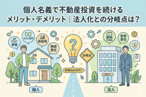 不動産投資を個人名義で行う場合と法人化する場合の比較図。タイトル「個人名義で不動産投資を続けるメリット・デメリット｜法人化との分岐点は？」。左側の個人枠には身軽、コスト0円、高税率、無限責任のアート、右側の法人枠には節税、有限責任のアート。中央には所得900万円？を分岐点とする道路と疑問符が描かれている。