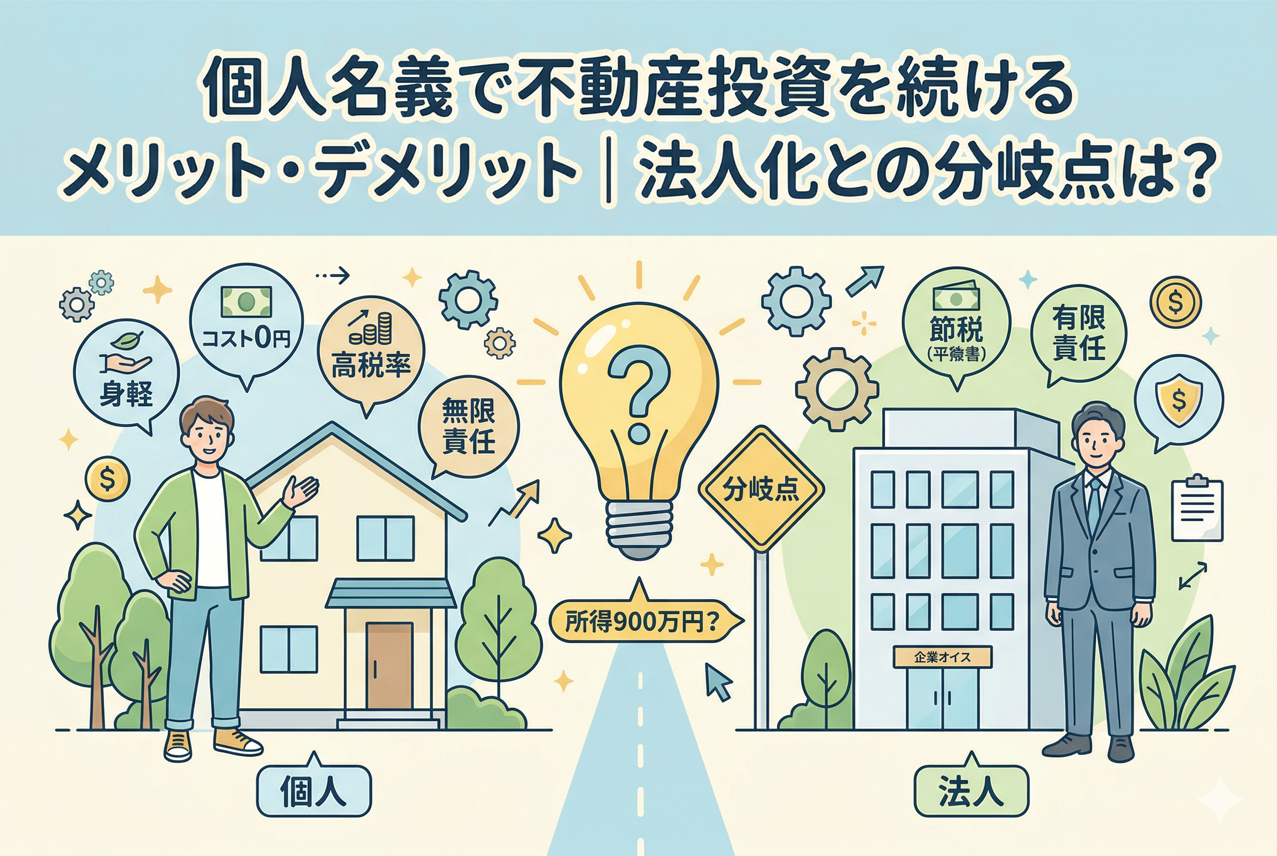 不動産投資を個人名義で行う場合と法人化する場合の比較図。タイトル「個人名義で不動産投資を続けるメリット・デメリット｜法人化との分岐点は？」。左側の個人枠には身軽、コスト0円、高税率、無限責任のアート、右側の法人枠には節税、有限責任のアート。中央には所得900万円？を分岐点とする道路と疑問符が描かれている。