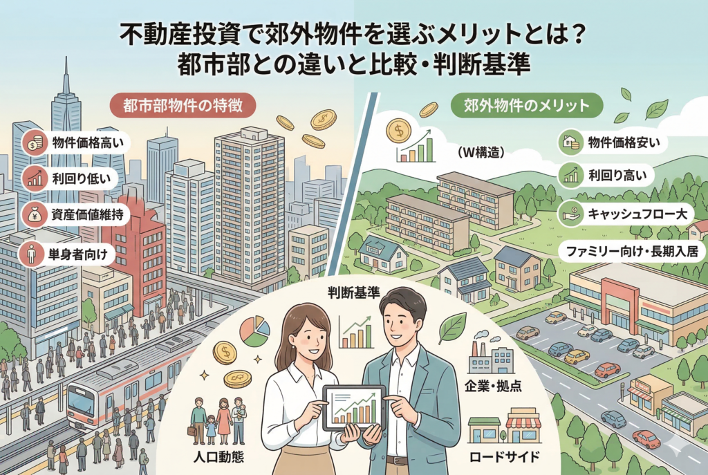不動産投資における「都市部」と「郊外物件」の違いを比較した解説イラスト。左側に高層ビルが並ぶ都市部の特徴（物件価格高・利回り低・単身者向け）、右側に緑豊かな郊外のメリット（物件価格安・利回り高・ファミリー向け）を対比。中央下部では男女の投資家がタブレットで分析しており、人口動態やロードサイド店舗、企業の拠点といった判断基準がインフォグラフィック形式で図解されている。