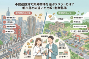 不動産投資における「都市部」と「郊外物件」の違いを比較した解説イラスト。左側に高層ビルが並ぶ都市部の特徴（物件価格高・利回り低・単身者向け）、右側に緑豊かな郊外のメリット（物件価格安・利回り高・ファミリー向け）を対比。中央下部では男女の投資家がタブレットで分析しており、人口動態やロードサイド店舗、企業の拠点といった判断基準がインフォグラフィック形式で図解されている。